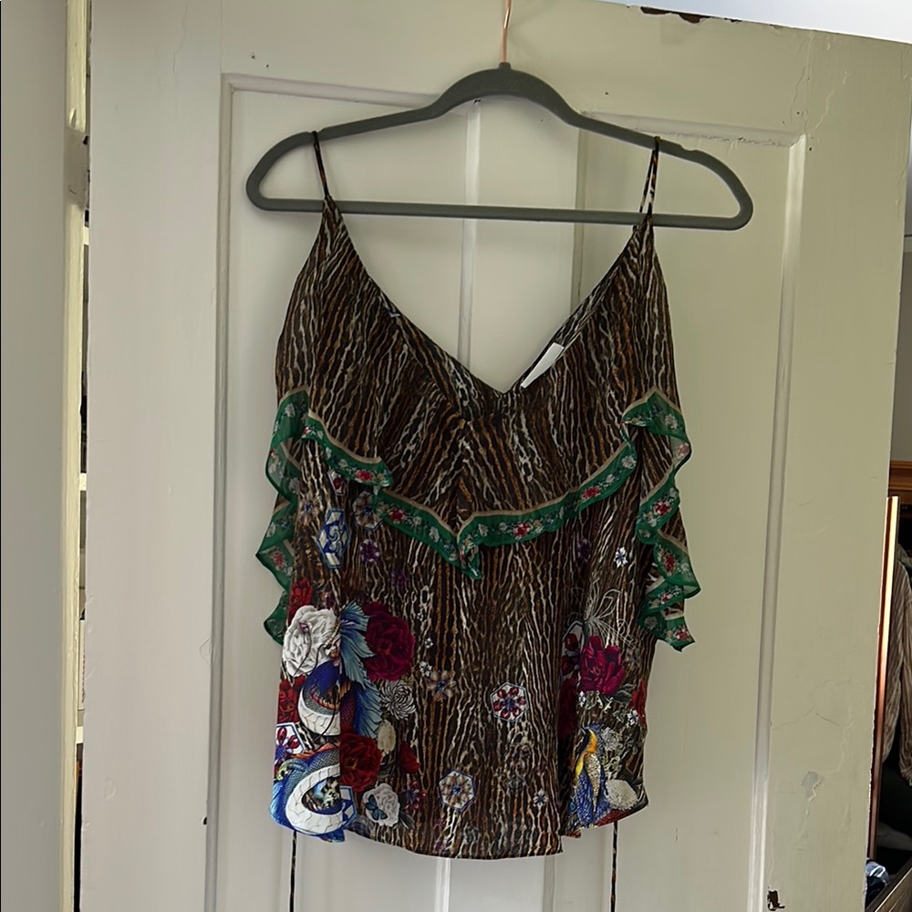 Camilla Brown and Blue Asymmetrical Ruffled Camisole